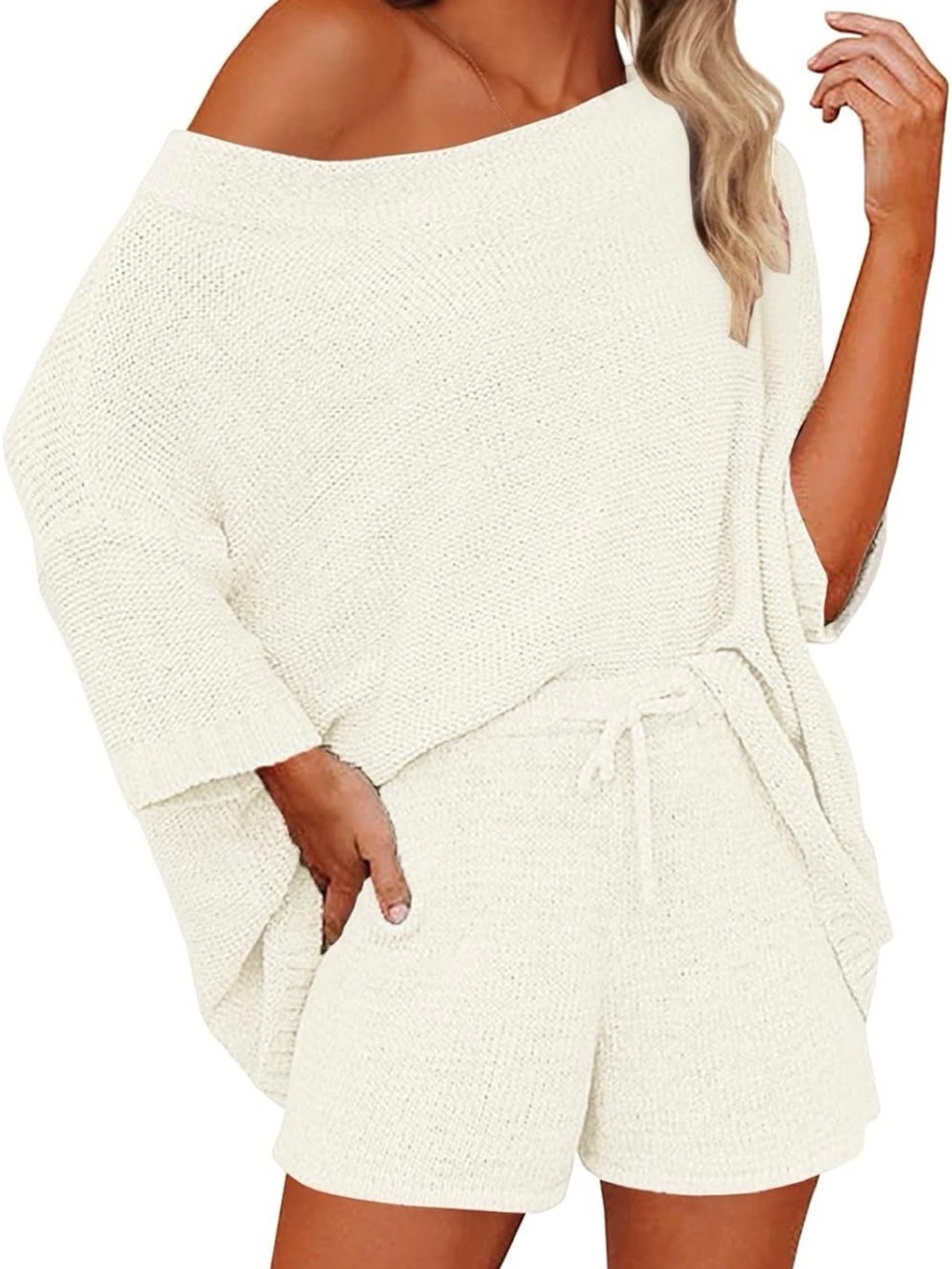 Cozy Off-Shoulder Knit Sweater and shorts in Ivory